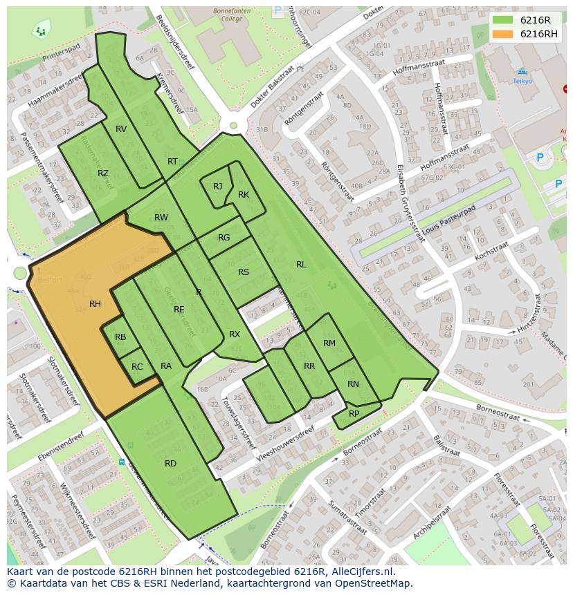 Afbeelding van het postcodegebied 6216 RH op de kaart.