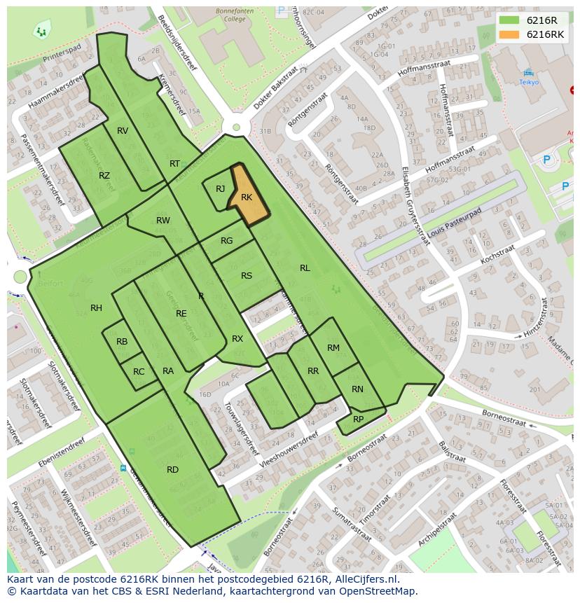 Afbeelding van het postcodegebied 6216 RK op de kaart.