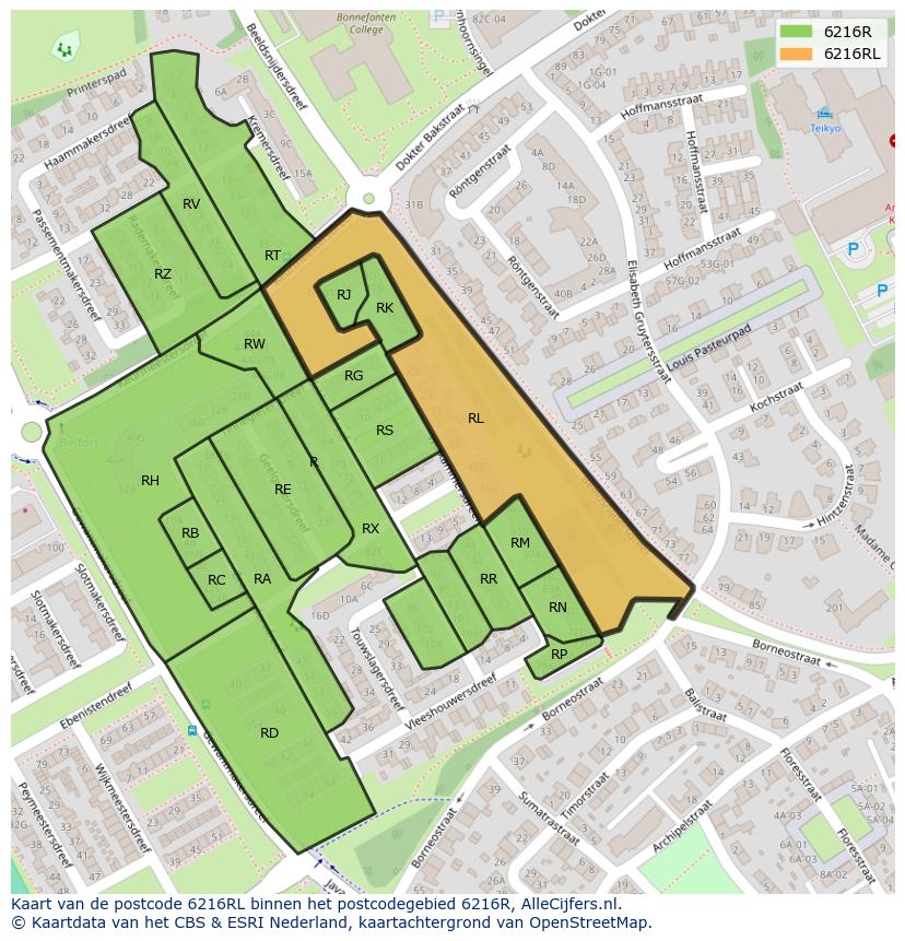 Afbeelding van het postcodegebied 6216 RL op de kaart.