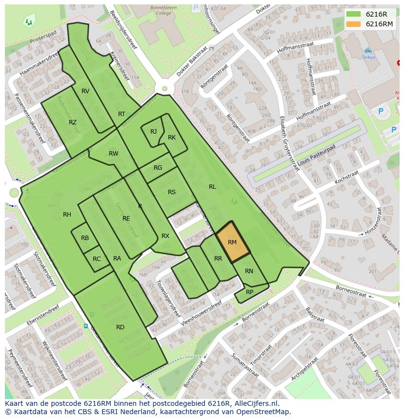 Afbeelding van het postcodegebied 6216 RM op de kaart.