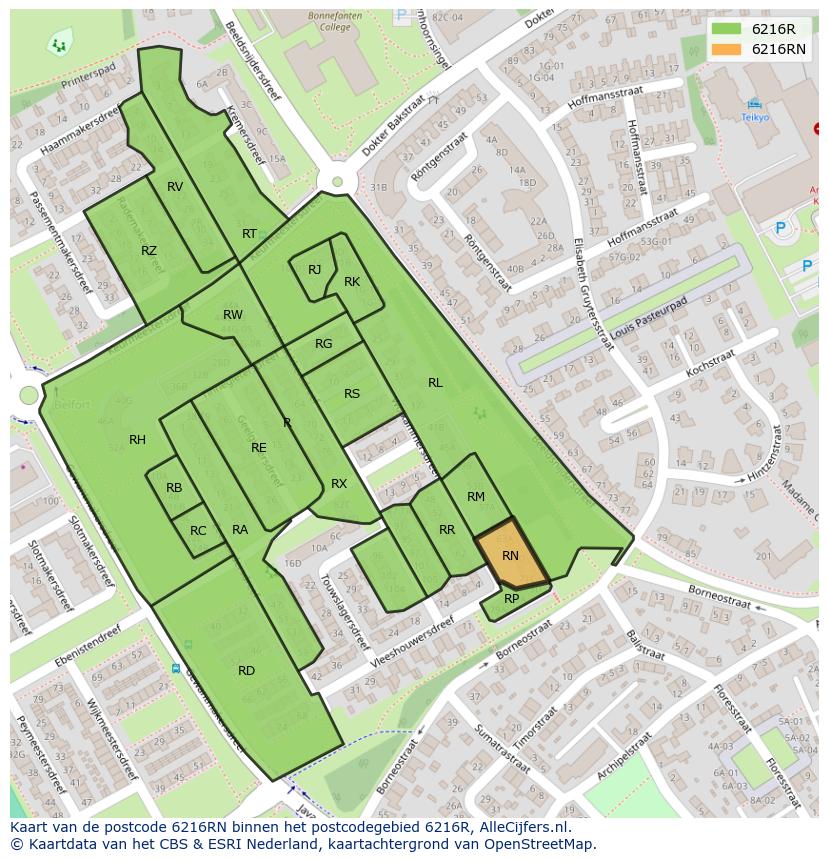 Afbeelding van het postcodegebied 6216 RN op de kaart.