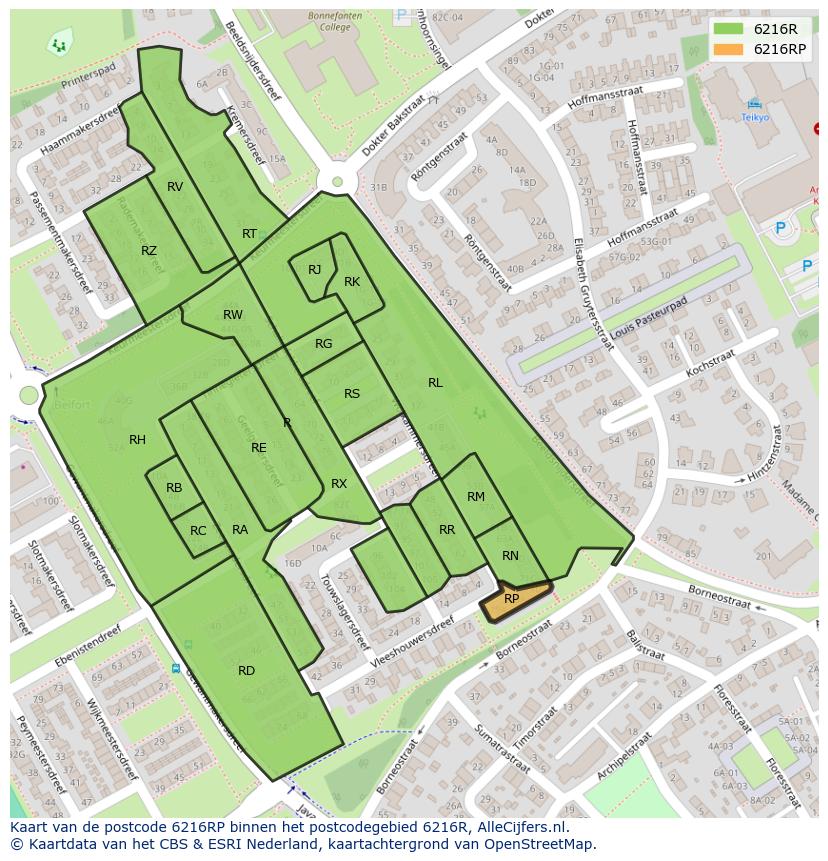 Afbeelding van het postcodegebied 6216 RP op de kaart.