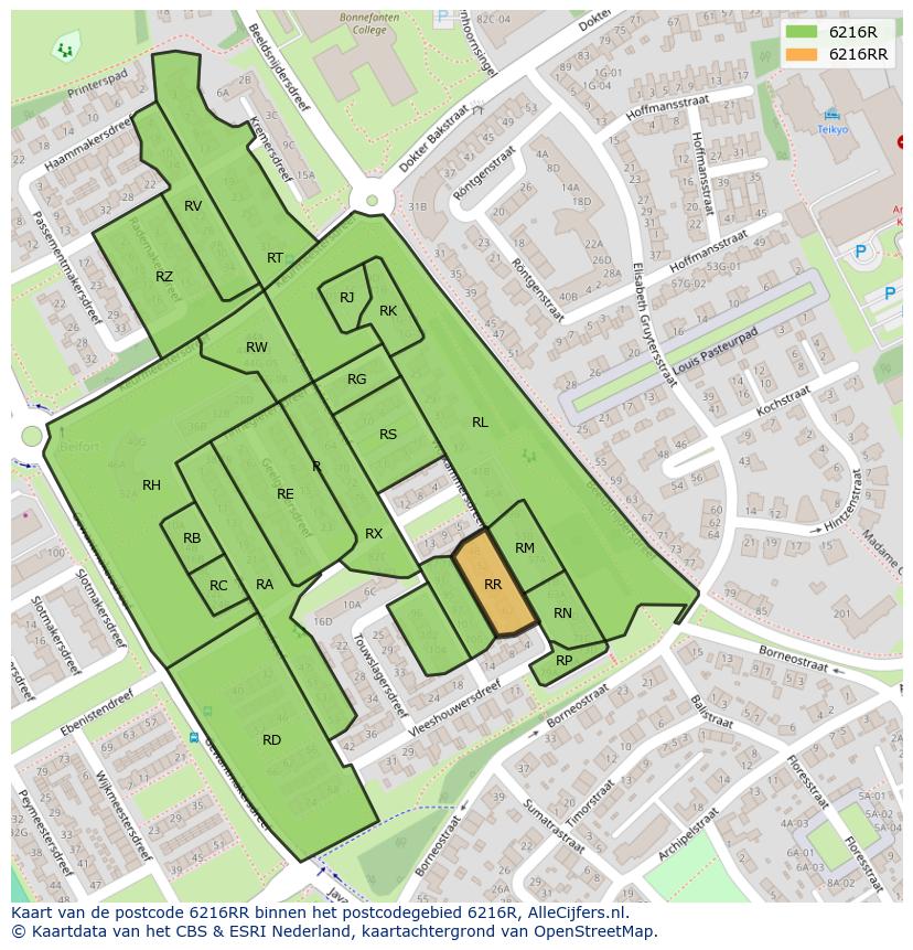 Afbeelding van het postcodegebied 6216 RR op de kaart.