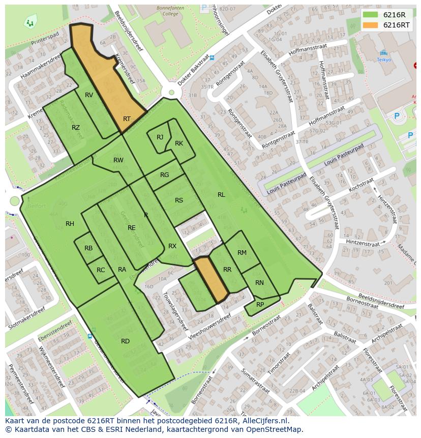 Afbeelding van het postcodegebied 6216 RT op de kaart.