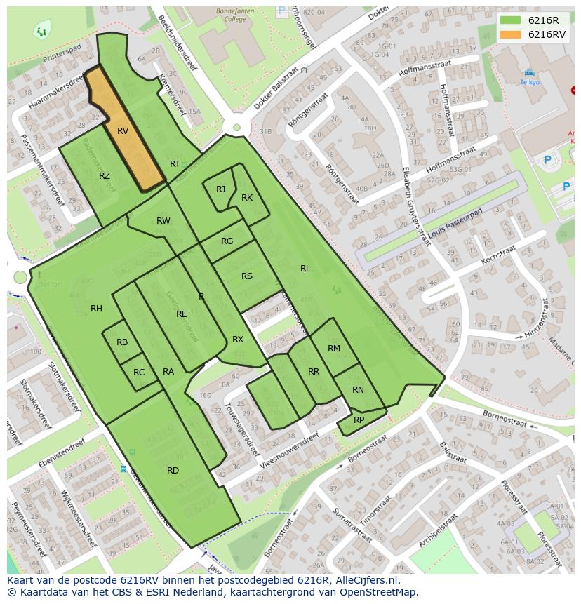 Afbeelding van het postcodegebied 6216 RV op de kaart.