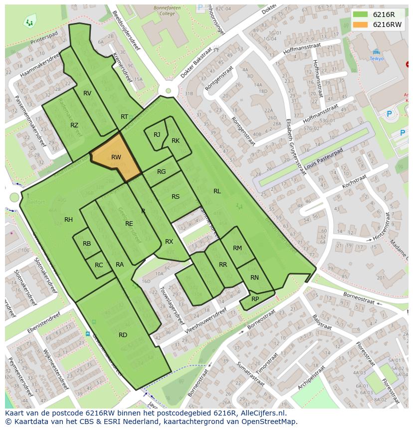 Afbeelding van het postcodegebied 6216 RW op de kaart.