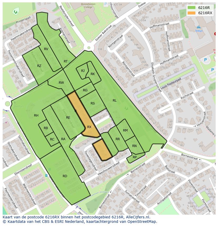 Afbeelding van het postcodegebied 6216 RX op de kaart.