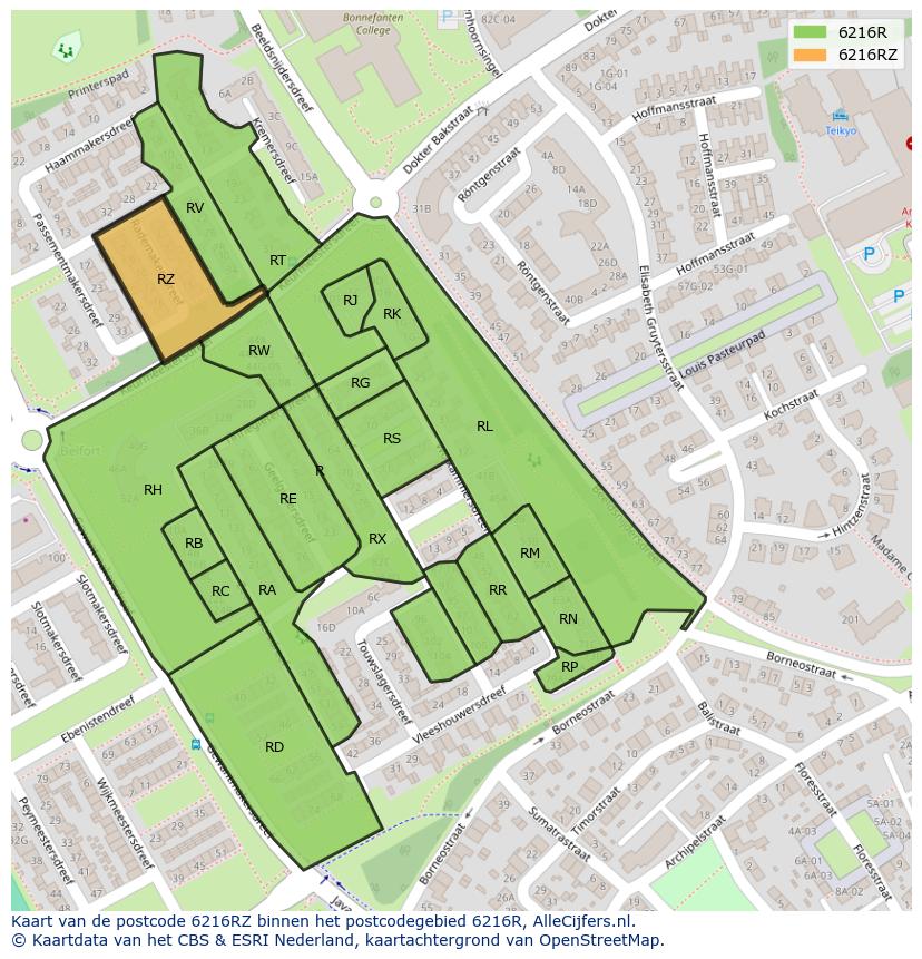 Afbeelding van het postcodegebied 6216 RZ op de kaart.