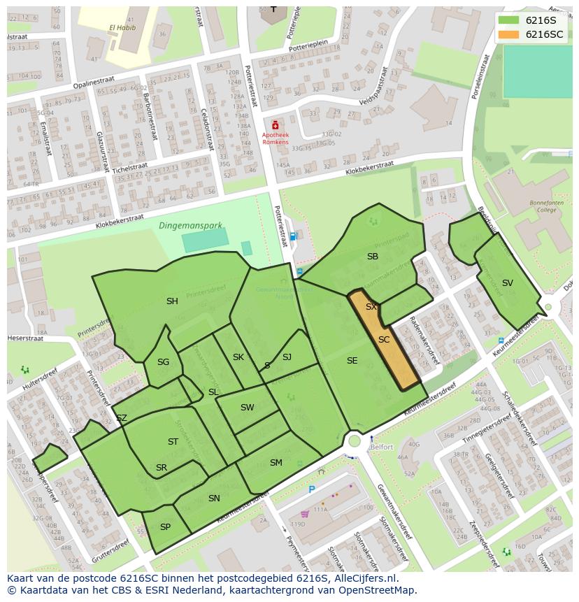 Afbeelding van het postcodegebied 6216 SC op de kaart.