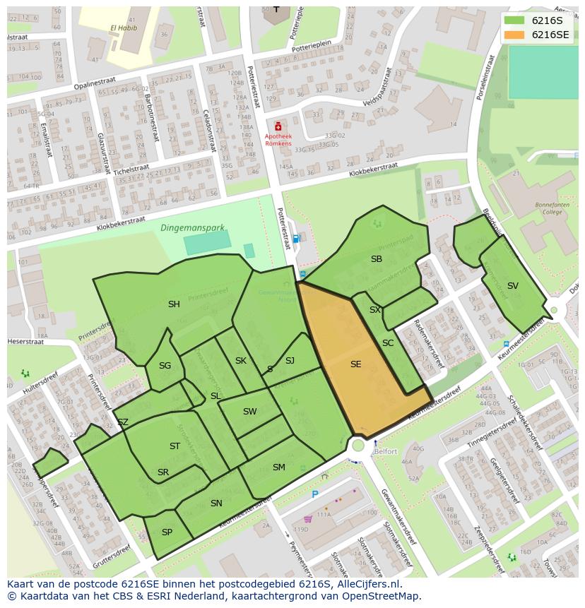 Afbeelding van het postcodegebied 6216 SE op de kaart.