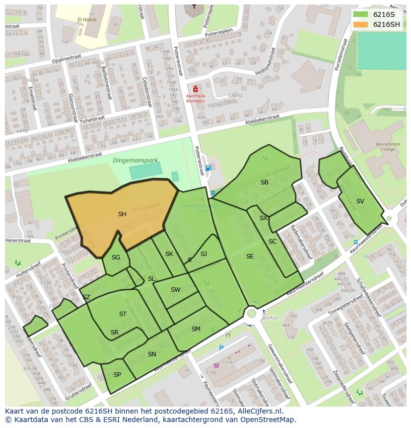 Afbeelding van het postcodegebied 6216 SH op de kaart.