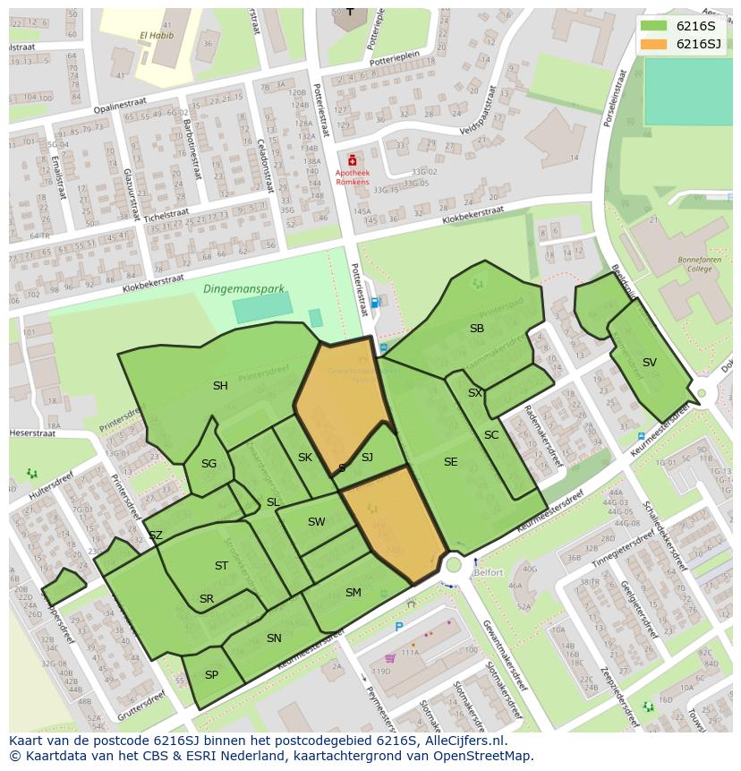 Afbeelding van het postcodegebied 6216 SJ op de kaart.