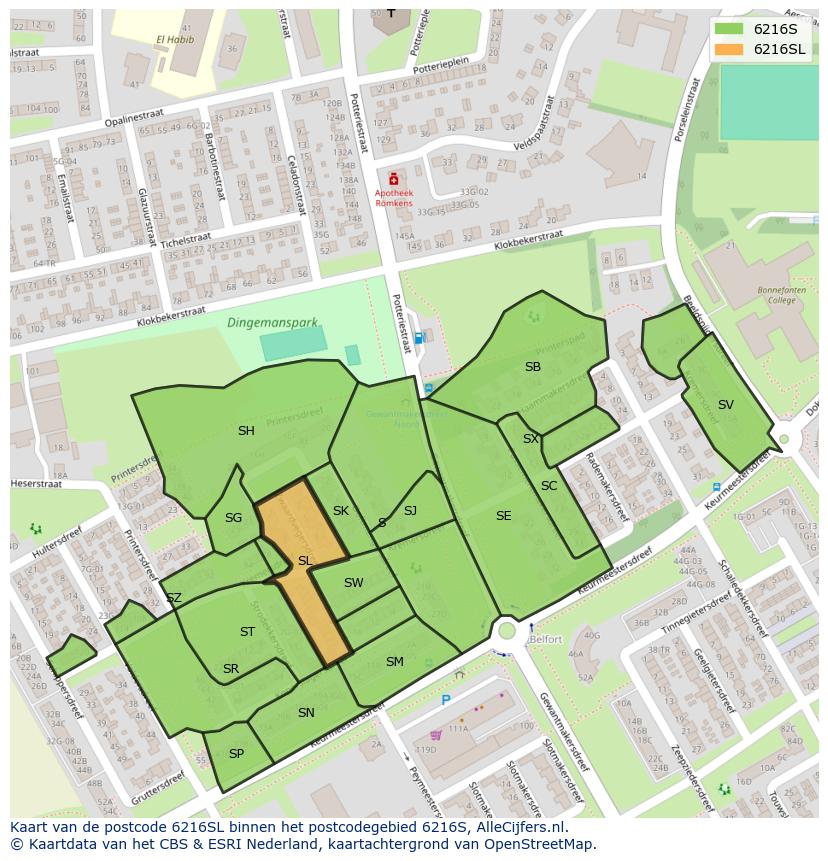 Afbeelding van het postcodegebied 6216 SL op de kaart.