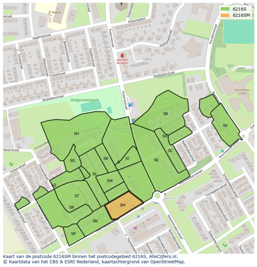 Afbeelding van het postcodegebied 6216 SM op de kaart.