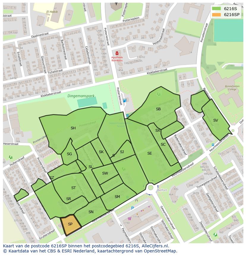 Afbeelding van het postcodegebied 6216 SP op de kaart.