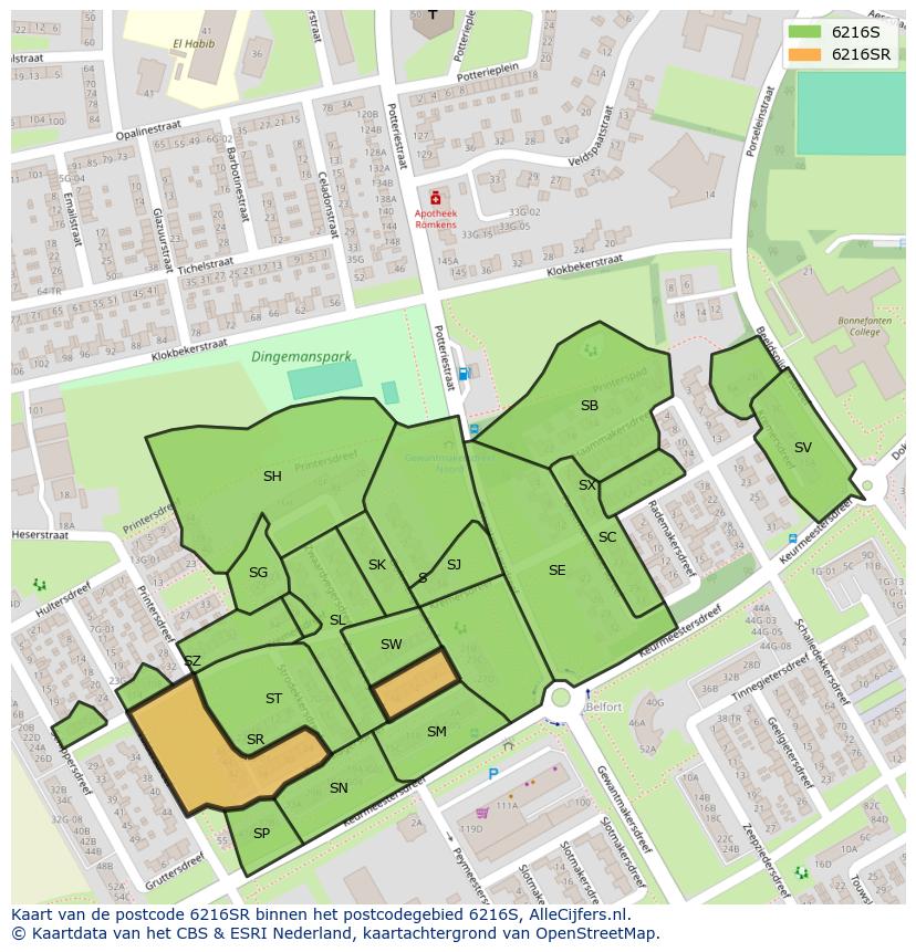 Afbeelding van het postcodegebied 6216 SR op de kaart.