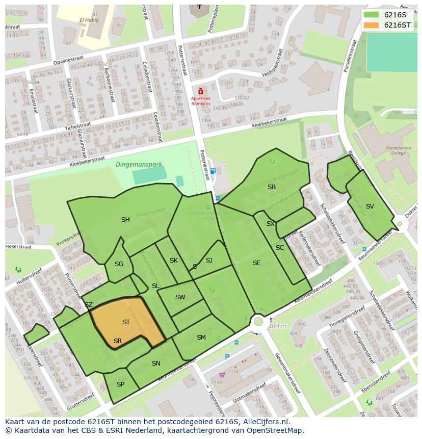 Afbeelding van het postcodegebied 6216 ST op de kaart.