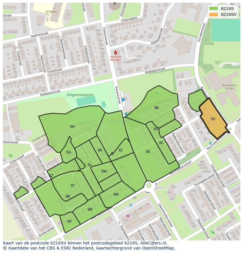 Afbeelding van het postcodegebied 6216 SV op de kaart.