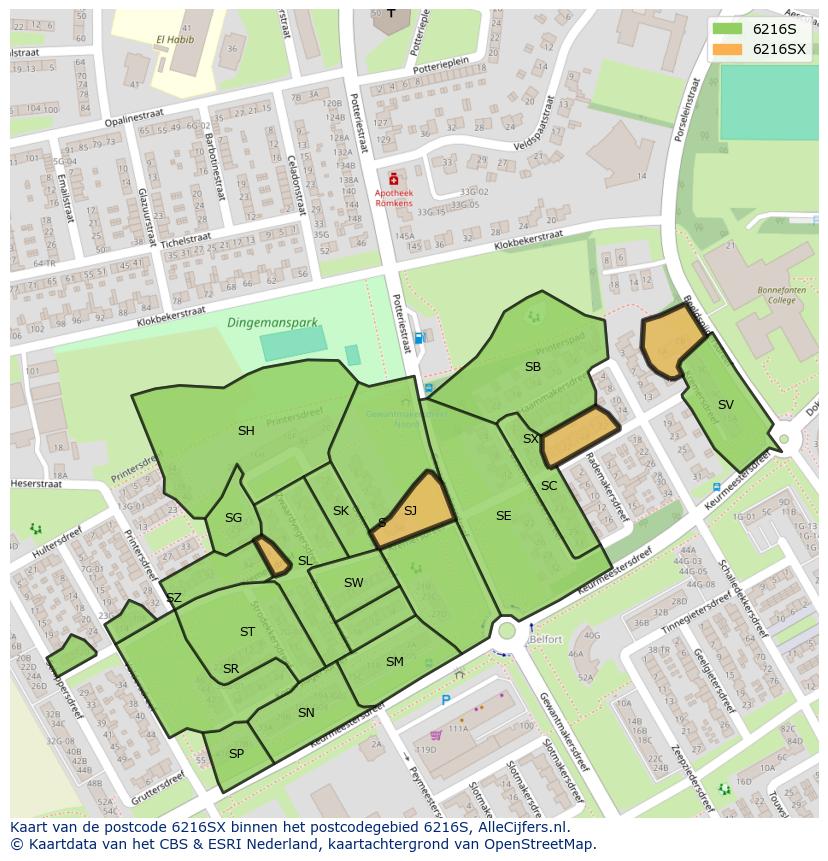Afbeelding van het postcodegebied 6216 SX op de kaart.