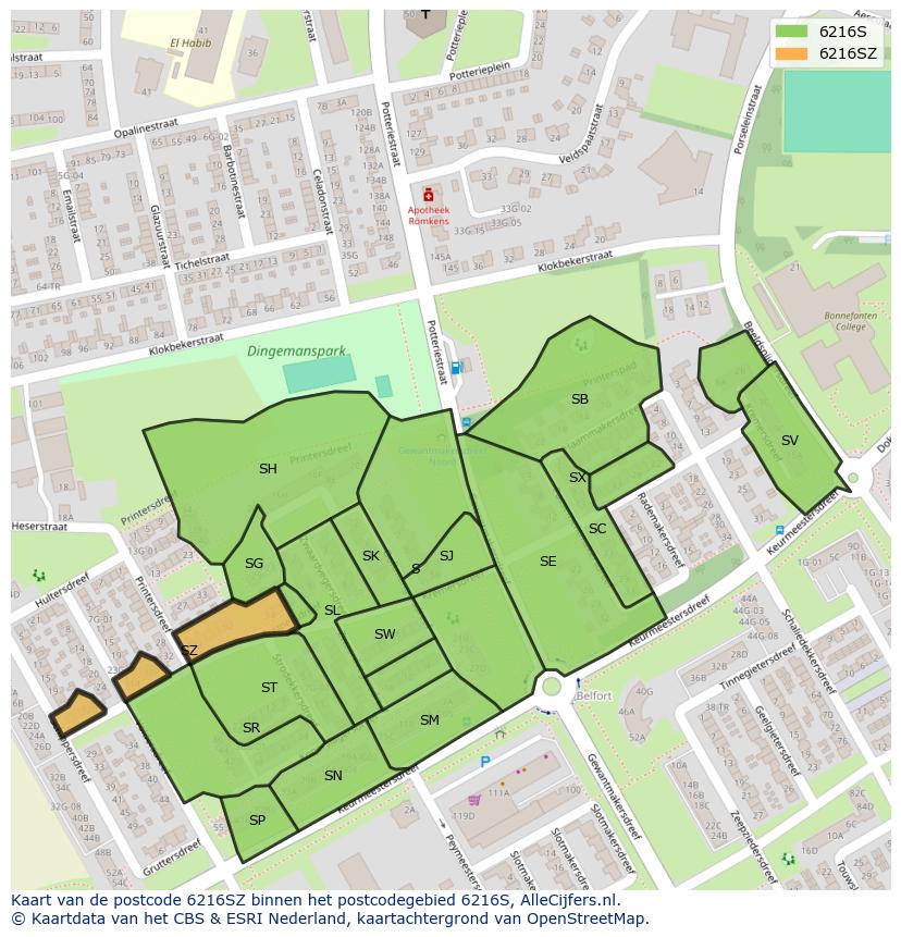 Afbeelding van het postcodegebied 6216 SZ op de kaart.