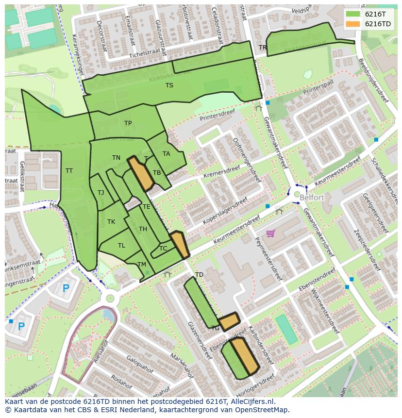 Afbeelding van het postcodegebied 6216 TD op de kaart.