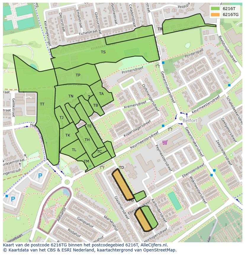 Afbeelding van het postcodegebied 6216 TG op de kaart.