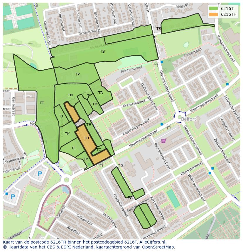 Afbeelding van het postcodegebied 6216 TH op de kaart.
