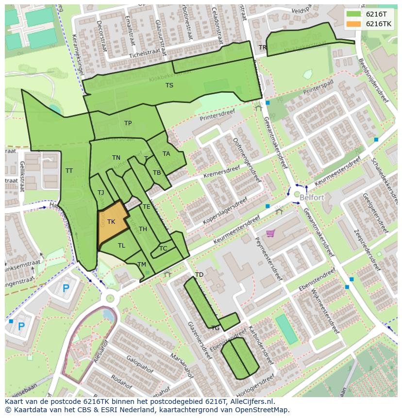 Afbeelding van het postcodegebied 6216 TK op de kaart.