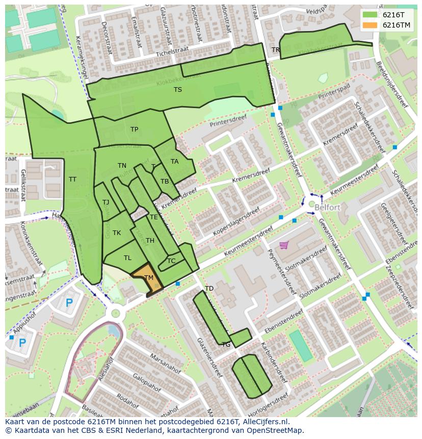Afbeelding van het postcodegebied 6216 TM op de kaart.