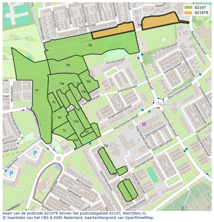 Afbeelding van het postcodegebied 6216 TR op de kaart.