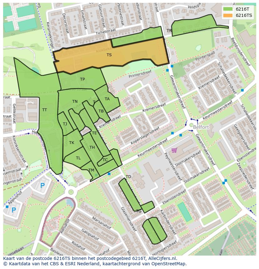 Afbeelding van het postcodegebied 6216 TS op de kaart.