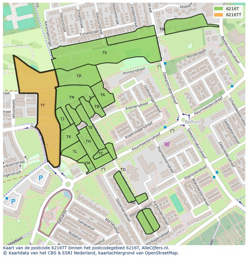 Afbeelding van het postcodegebied 6216 TT op de kaart.