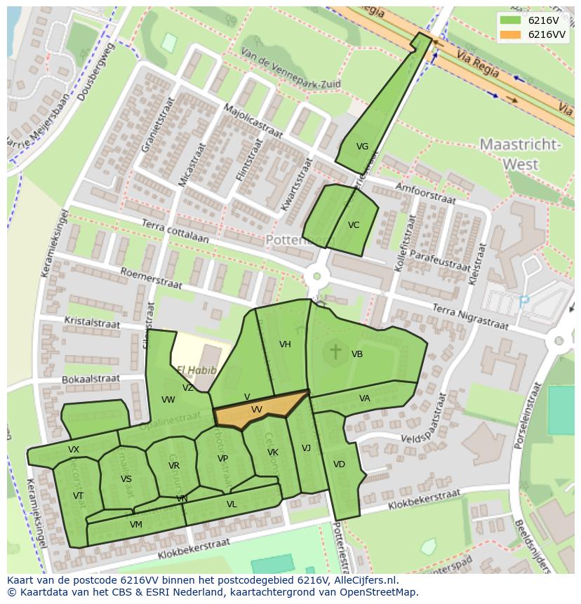 Afbeelding van het postcodegebied 6216 VV op de kaart.