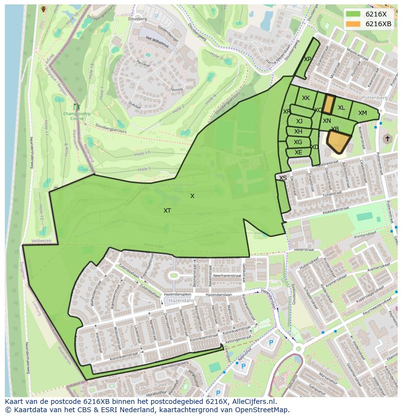 Afbeelding van het postcodegebied 6216 XB op de kaart.