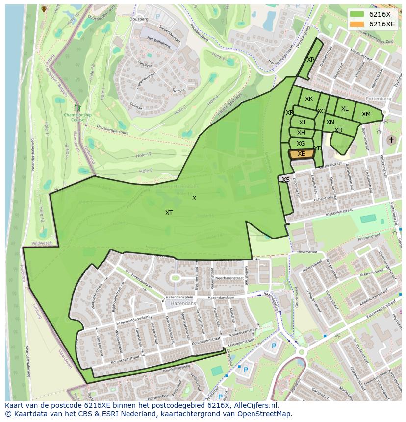 Afbeelding van het postcodegebied 6216 XE op de kaart.
