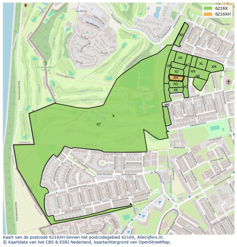 Afbeelding van het postcodegebied 6216 XH op de kaart.