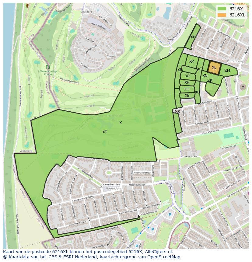 Afbeelding van het postcodegebied 6216 XL op de kaart.