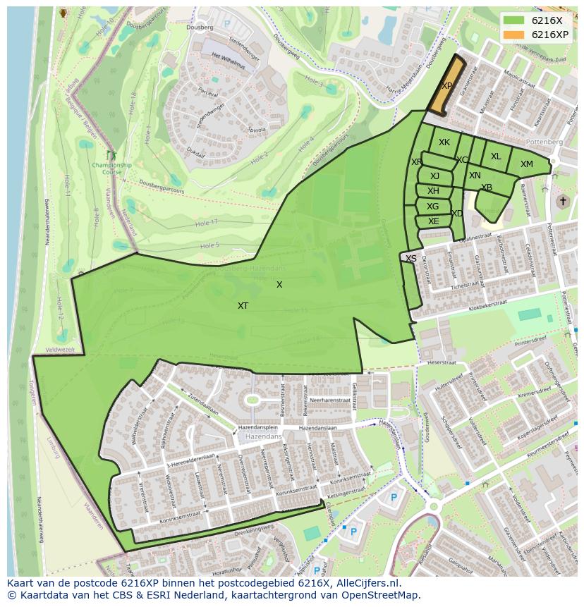 Afbeelding van het postcodegebied 6216 XP op de kaart.