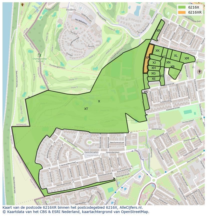 Afbeelding van het postcodegebied 6216 XR op de kaart.