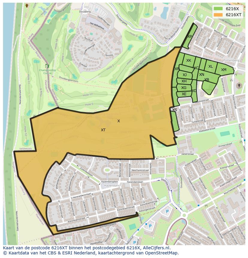Afbeelding van het postcodegebied 6216 XT op de kaart.