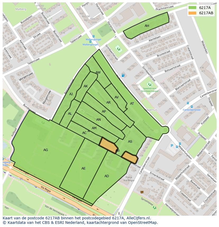 Afbeelding van het postcodegebied 6217 AB op de kaart.