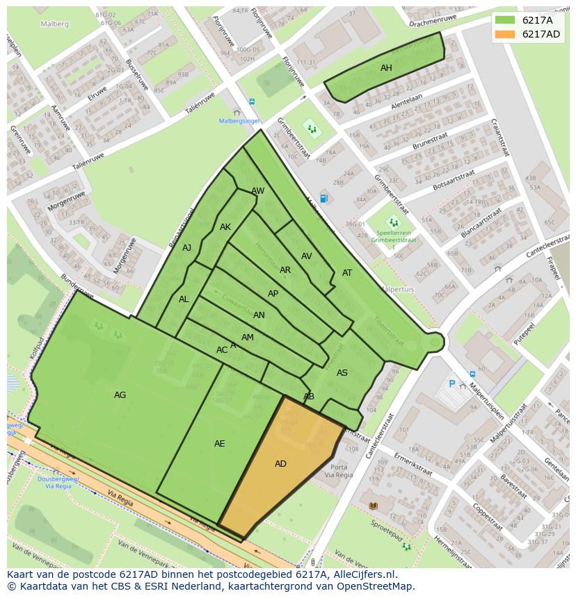 Afbeelding van het postcodegebied 6217 AD op de kaart.