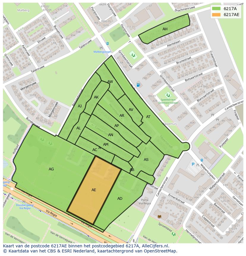 Afbeelding van het postcodegebied 6217 AE op de kaart.