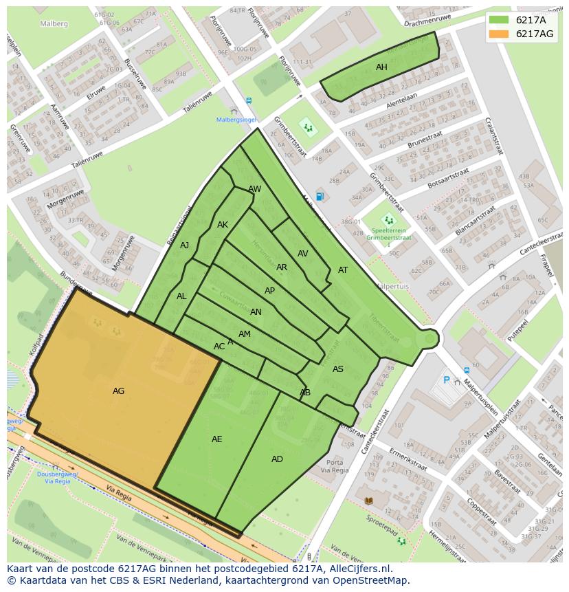 Afbeelding van het postcodegebied 6217 AG op de kaart.