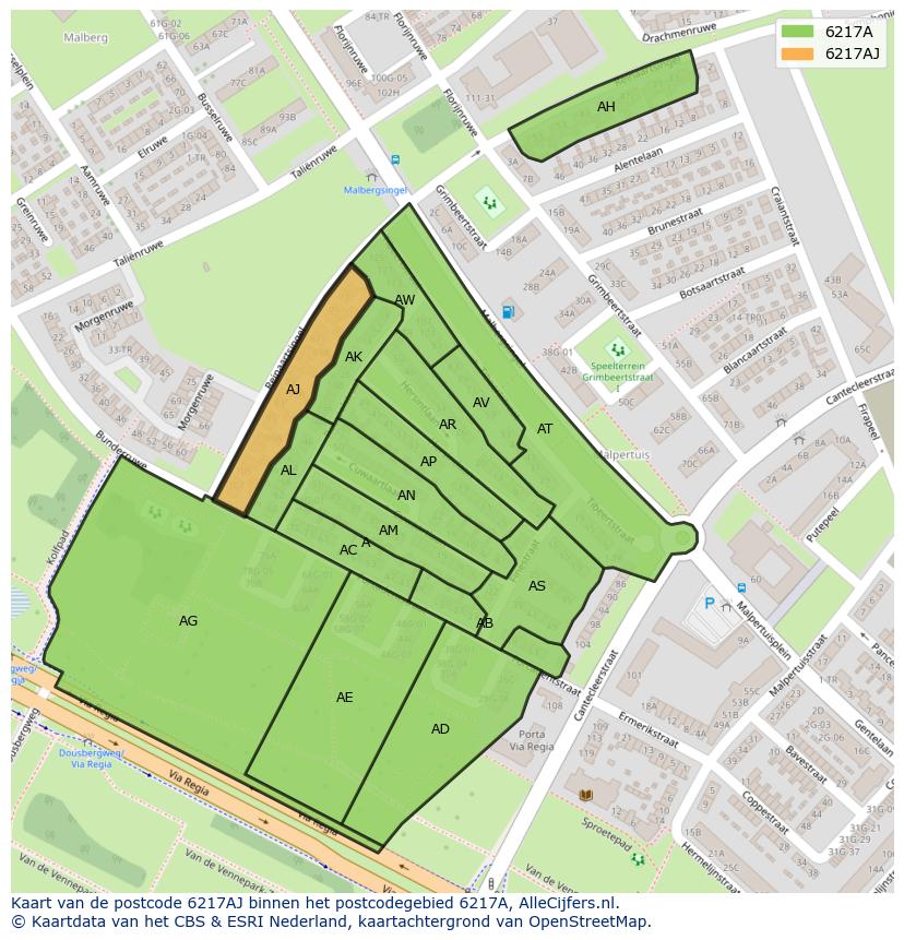 Afbeelding van het postcodegebied 6217 AJ op de kaart.