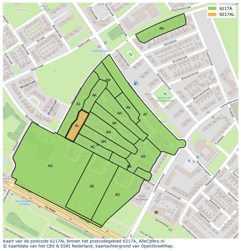 Afbeelding van het postcodegebied 6217 AL op de kaart.