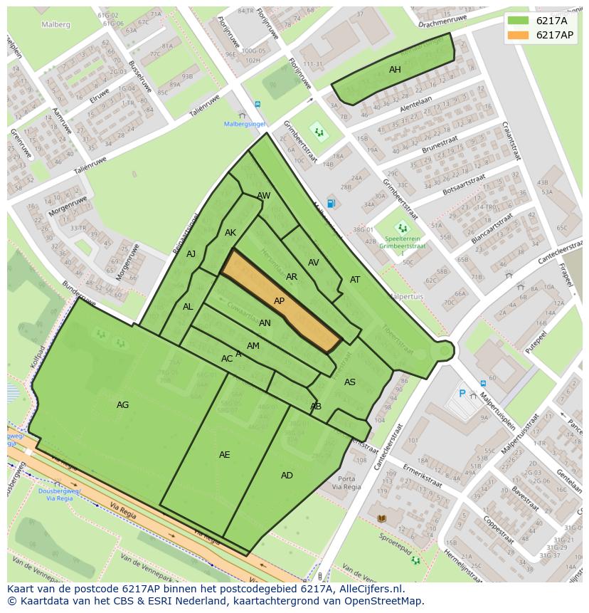 Afbeelding van het postcodegebied 6217 AP op de kaart.