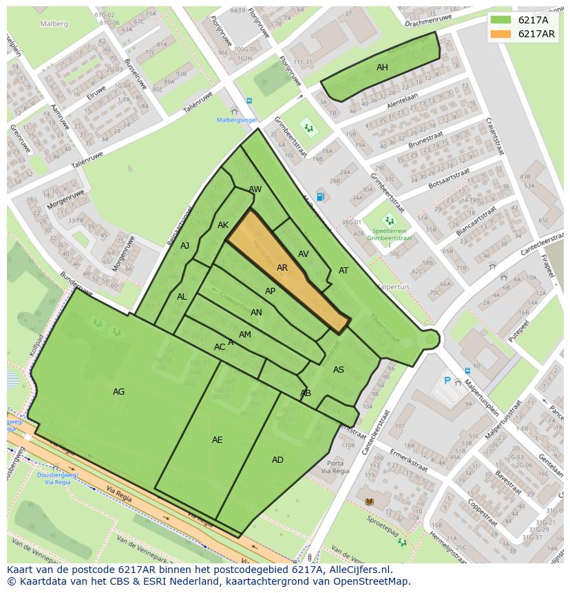 Afbeelding van het postcodegebied 6217 AR op de kaart.