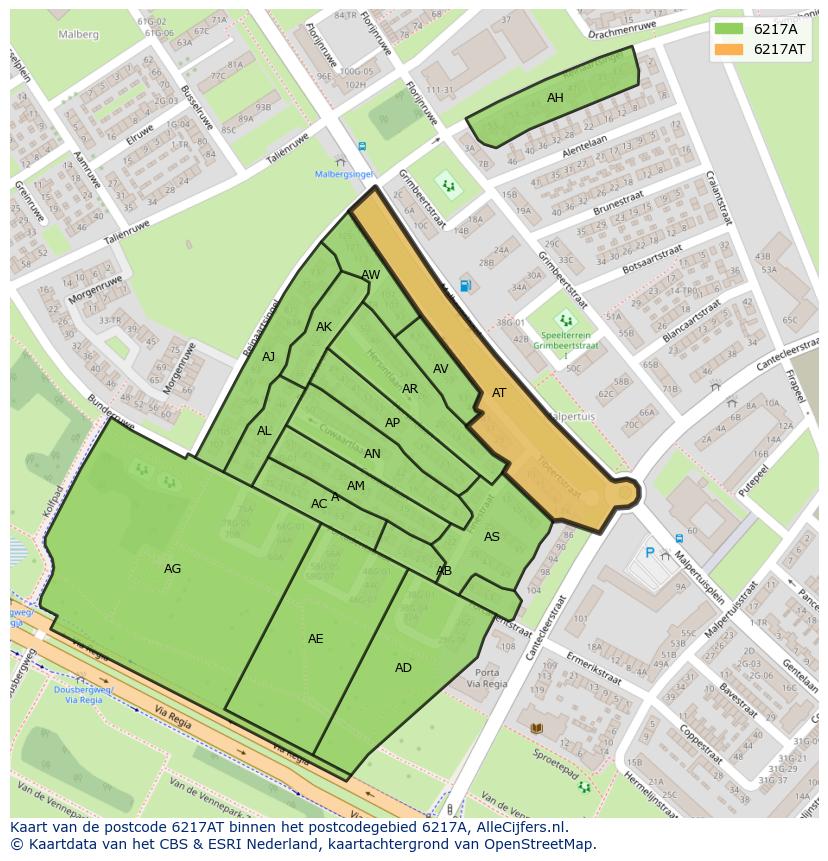 Afbeelding van het postcodegebied 6217 AT op de kaart.