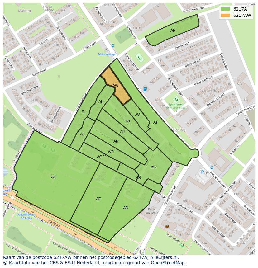 Afbeelding van het postcodegebied 6217 AW op de kaart.